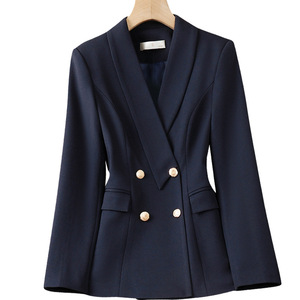 Women's Navy Blue Business Suit Set Double Breasted Wool Blend Anti-Wrinkle Office Lady Autumn Formal Wear - Product Image 5