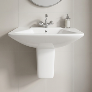 Lavabo demi-piedestal en céramique esthétique, aspect pierre de granit gris rustique, pour projet de luxe - Product Image 1