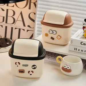 3D DIY Cute Cartoon Stickers for Desktop Storage Mini Standing Plastic Trash Can with Lid for Waste Bins