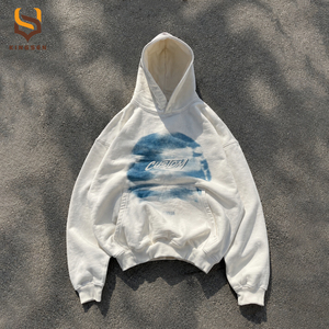 Sweat à capuche surdimensionné pour homme avec logo personnalisé du fabricant, imprimé bleu, poche kangourou et épaules tombantes, couleur crème blanchissant - Product Image 1