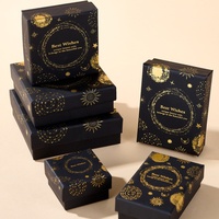 Boîte cadeau noire mate A1 avec impression dorée céleste Soleil Lune Étoile, texte « Meilleurs vœux », intérieur en mousse, logo personnalisé, ensemble cadeau