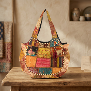 Bohemian Banjara Style Cotton <b>Fabric</b> Solid Color Tote <b>Bag</b> Beach Autumn Travel Portable Shoulder Handbag - Product Image 2