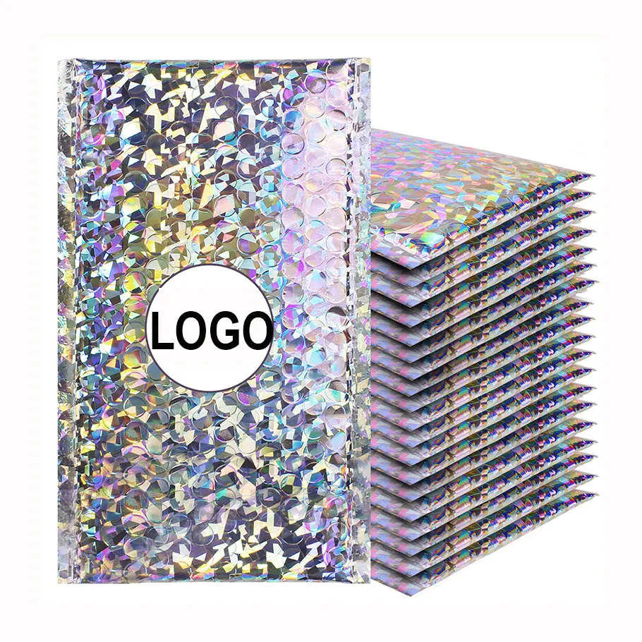 Custom Glitter Bubble Envelop Tassen Rainbow Metallic Plastic Poly Bubble Zilver Folie Mailing Holografische Metallic Mailers Zak