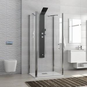 Kamalu K2800AS2 Moderna Cabina Doccia a Tre Lati Senza Telaio con Porta a Battente 90x75x90 Pieghevole in Acciaio Inox e Vetro per Bagno - Product Image 1