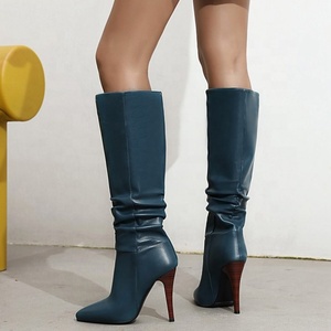 Plicated Design Fashion Big Size 43 Women Pointed Toe Knee High Boots <b>Slip</b>-on Thin High Heel <b>Long</b> Booties for Ladies - Product Image 4