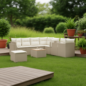 Beige <b>Cream</b> Rattan Garden <b>Sofa</b> Set 6 Seater Outdoor Furniture Weather Resistant Contemporary Design - Product Image 2