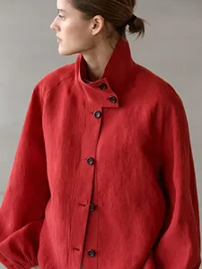 Manteau décontracté pour <span class=keywords><strong>femme</strong></span> MD en <span class=keywords><strong>lin</strong></span> vintage, coupe ajustée, à motif uni, avec boutons et manches lanternes, simple boutonnage - Product Image 4