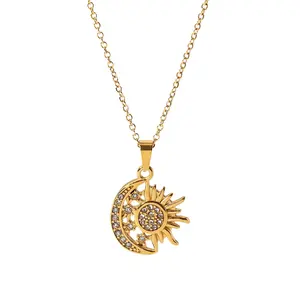 Personalised Statement 18k Gold Plated Stainless Steel Diamond Sun And Moon Pendant Women Jewelry Necklace