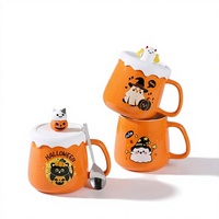 Nouveau Mug en Porcelaine Écologique Tête de Citrouille d'Halloween Mignonne avec Couvercle et Cuillère, Ensemble Cadeau 301-400ml, Motif Dessin Animé Elfe Démon, Vente Chaude 2025