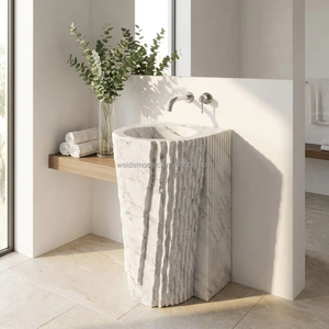 <span class=keywords><strong>Lavabo</strong></span> sur colonne texturé en marbre blanc de Carrare côtelé de qualité supérieure pour grossistes en équipements de salle de bain de luxe - Product Image 4