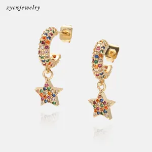 Fashion Paved Colorful Zircon Huggie Hoop With Star Drop Earrings