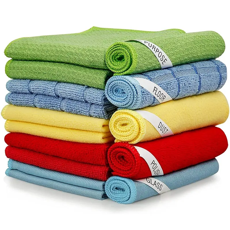 कस्टम लोगो हाउसकीपिंग दैनिक माइक्रोफाइबर सफाई तौलिए पुन: प्रयोज्य रसोई धोने के कपड़े अवशोषक माइक्रोफाइबर ताना बुना हुआ तौलिए
