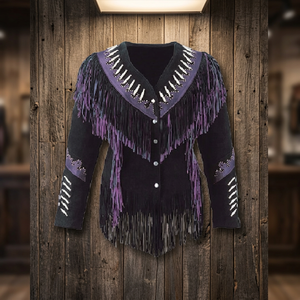 WOMEN LEATHER JACKETS WESTERN FRINGES BEADS BONE FASHION COATS - Product Image 3