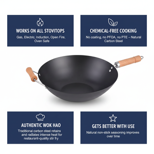 Ustensiles de cuisine chinois personnalisable, épaisseur à deux couches, antiadhésif en acier au carbone, <span class=keywords><strong>wok</strong></span> avec couvercle en bois 14/1.5 cm, 35.5 pièces - Product Image 5