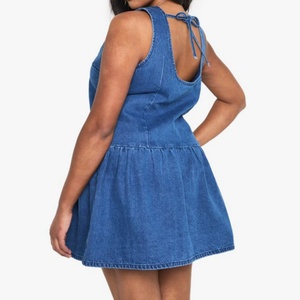 Hot Selling Women's Plus Size Denim Dress Dropped Waist Sleeveless <b>Tie</b> <b>Back</b> Mid Blue Wash Mini Dress - Product Image 2