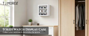 Vitrine de présentation en bois <span class=keywords><strong>noir</strong></span> et blanc à 9 emplacements avec doublure en velours pour collection de montres pour hommes, cadre type boîte à ombre - Product Image 4
