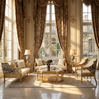 Canapé baroque de style français antique en bois massif sculpté et capitonné, broderie bleue et blanche classique, canapé baroque antique