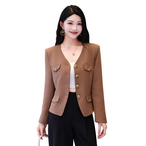 Khaki Collarless Blazer Women Solid Color Polyester Pocket Short Jacket Spring Autumn Elegant Chic Style - Product Image 5