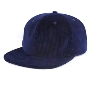wholesale casual flat brim plain blank corduroy 6 panel snapback hat caps with leather strap