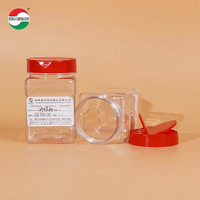 Pot en plastique PET écologique de 350 ml avec couvercle rabattable, carré, pour condiments, épices, avec couvercles rouges/noirs