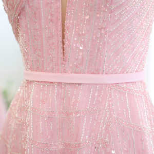 Pour SZ329 fée rose licou asymétrique longueur au sol a-ligne Organza soirée fête d'anniversaire plume cristal motif pli - Product Image 6