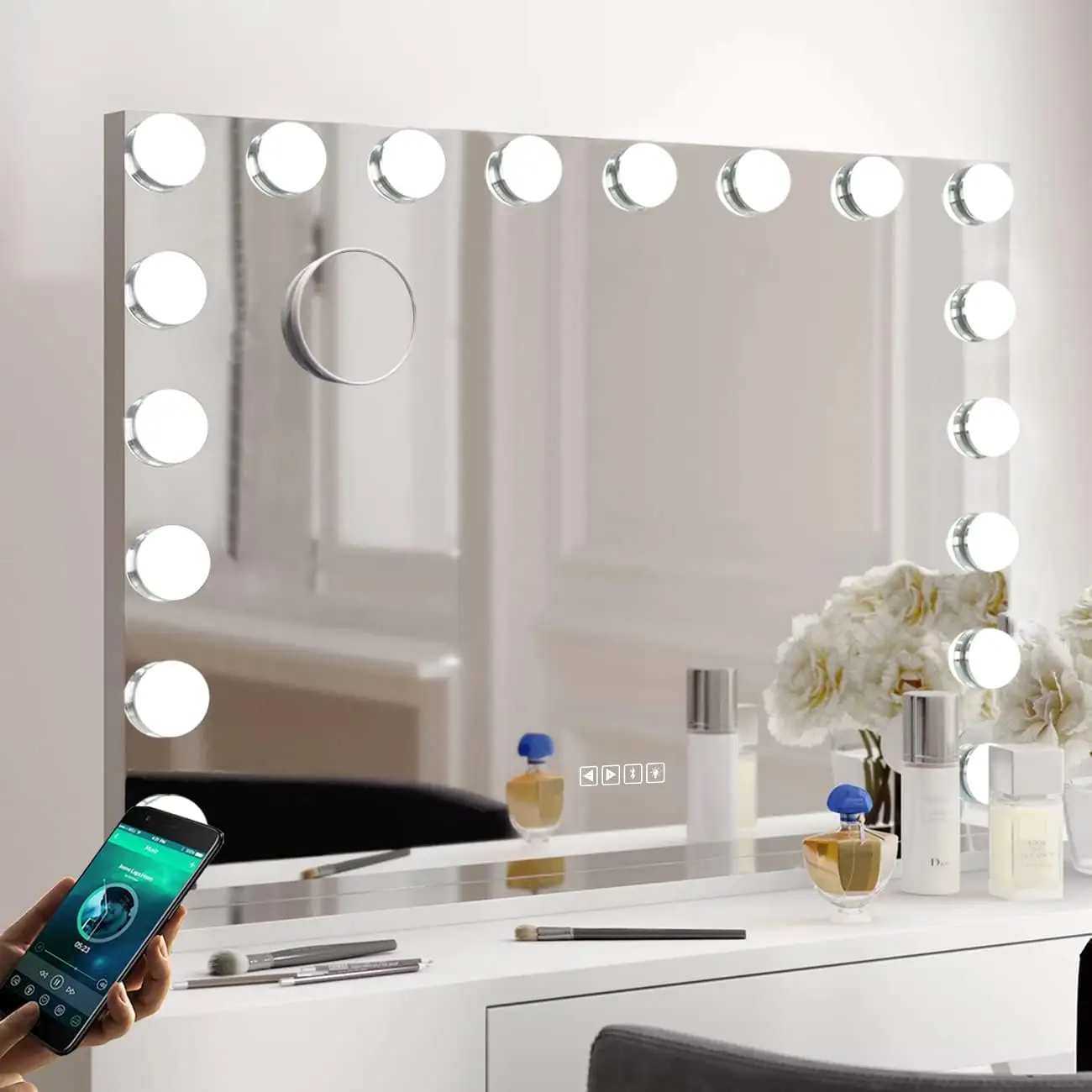 Wohn möbel Bluetooth-Lautsprecher Schmink tisch 18 Glühbirnen beleuchteten Kosmetik spiegel mit Musik-Player und Anruf