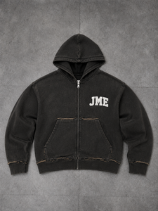 เสื้อฮู้ดซิปปักลาย JME สำหรับผู้ชาย ผ้าฝ้ายถักสไตล์วินเทจ ล้างทำสีซีด แต่งโลโก้ด้านหน้า สไตล์ฤดูใบไม้ร่วง - Product Image 1