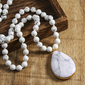 Moda mujer 8mm Cuarzo Rosa Blanco howlita piedra anudada collar de piedras preciosas naturales amazonita gota colgante collar - Product Image 1