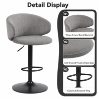 Tabouret de bar pivotant en tissu moderne et contemporain avec dossier, hauteur réglable, chaise de comptoir pour îlot de cuisine, bar, café