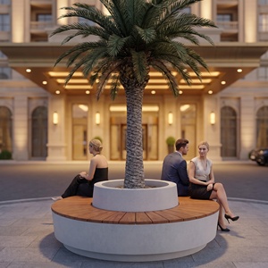 Banc rond d'extérieur avec jardinière intégrée, en béton et bois, pour espace public, jardin ou salon de jardin - Product Image 2