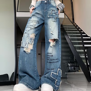 Jeans en denim déchiré brodé <span class=keywords><strong>avec</strong></span> patch Y2K, imprimé graffiti vintage, jeans pour femmes, style élégant, franges croisées, pantalon baggy - Product Image 3