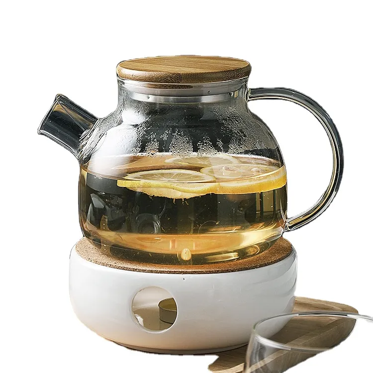 1000 ML Clear Borosilicate Glass Tea Pot Set, Heat Resistant Glass Teapot Bamboo Lid with Ceramic Tea Warmer