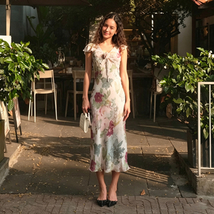 French Oil Painting Style Vintage Floral Print Ruched V Neck <b>Tie</b> Ruffle Sleeve Elegant Slim Fit Bodycon Long Maxi Dress - Product Image 3