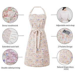 Delantal sin mangas de poliéster y algodón con estampado floral, 2 bolsillos, doble cara, ajustable, antimanchas, estilo fresco, para jardinería, cocina y manicura - Product Image 3