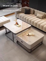 Table basse carrée moderne et élégante pour petit appartement, plateau en pierre avec rangement