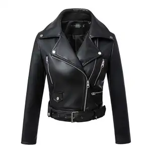 Women Autumn Winter Black Faux Leather Jackets Zipper Basic Coat Turn-down Collar Motor Biker Jacket