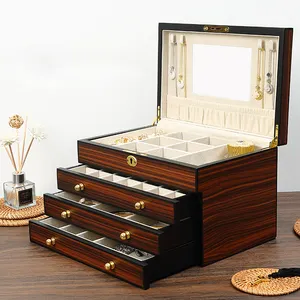 DIGU kotak perhiasan kayu Solid Vintage, Organizer penyimpanan perhiasan kayu multifungsi laci pengatur perhiasan kayu dengan Mirr