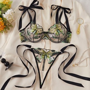 Wholesale Green Butterfly Embroidery Lace Lingerie Set Sexy Sheer Mesh Underwire <b>Bra</b> and Tie <b>Straps</b> Thong Set Underwear Set - Product Image 2