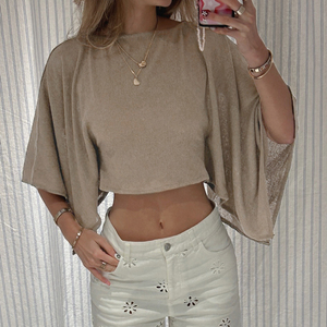 Women's Brown Batwing Sleeve Crop Top, Casual Loose Fit Boat Neck Blouse, Soft Comfy Daily Short Sleeve Top - Product Image 2