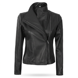 Women's Genuine Leather Moto <b>Jacket</b> Full Sleeve Stand Collar Zipper Closure Autumn Solid Color Regular Length - Product Image 3