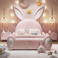Cama Infantil de Lujo Moderna de Cuero de Alta Calidad para Princesa con Diseño de Conejo, Tobogán y Barandal de Seguridad para Niña Pequeña, Muebles de Dormitorio para Niños