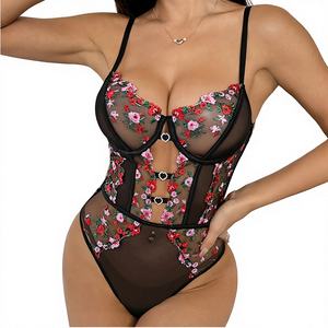 新しいヨーロッパ風アメリカンレースの透け感のあるセクシーランジェリー、刺繍プリント入り、中空デザインのインナーストラップボディスーツ、通気性のあるミディアムコントロール - Product Image 4