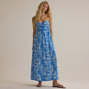 Vestido Maxi sin Tirantes con Estampado Tropical, Azul, de Gasa, Espalda Descubierta, Silueta Recta, Ropa Casual de Verano - Product Image 1