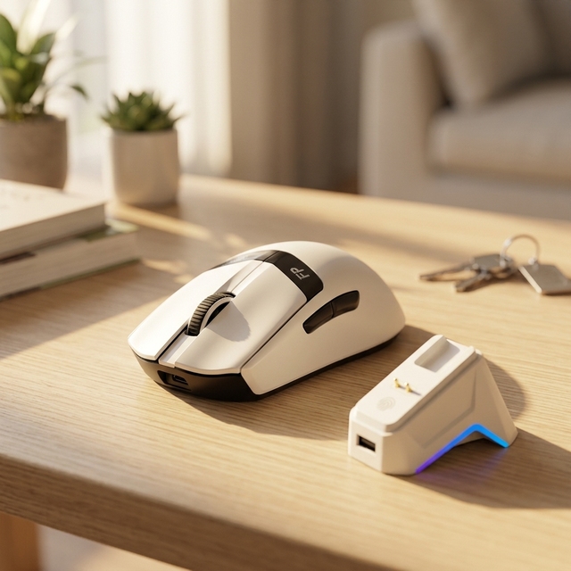 White Ergonomic Gaming Mouse with Tri Mode Connection and RGB Charging Station