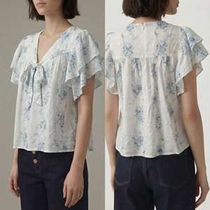 Chemise à fleurs bleues de style français 2026, à pois blancs suisses, pour femmes, été, manches bouffantes à volants, col en V à nouer devant - Product Image 6