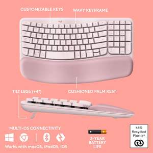 Teclado Ergonómico Inalámbrico de Membrana Plástica Wave Keys, Color Rosa, 104 Teclas con Reposamuñecas para Computadora Personal - Product Image 6