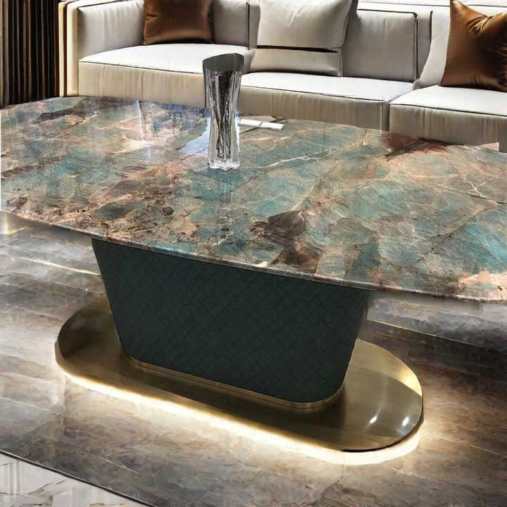 Modern Luxury Green Quartzite Dining Table Wooden and Stone Coffee