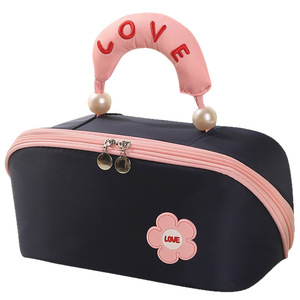 Trousse de maquillage portable Beilian avec fermeture éclair et poignée pour le rangement des soins de la peau et des rouges à lèvres, marron avec orange clair - Product Image 4