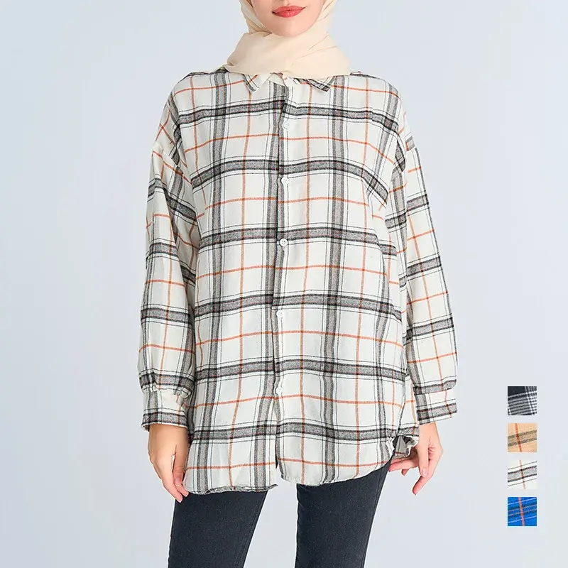 New Malaysia Spring Thin Shirt Jackets Women Blouse Casual Top Muslim Mid East Tunic Tops Contrast Color Plaid Vintage Blouse