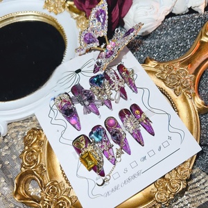 Màu Đỏ Đen Gothic Punk Bướm Móng Tay Nhân Tạo Mặc Đảng Sticker Y2K Mắt Kim Loại Chuỗi Handmade Báo Chí Trên Móng Tay - Product Image 2